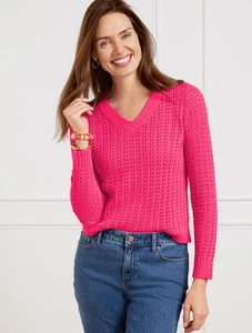 Open Stitch V-Neck Pullover at Talbots, NWT $89.5, color RASPBERRY - Picture 1 of 7