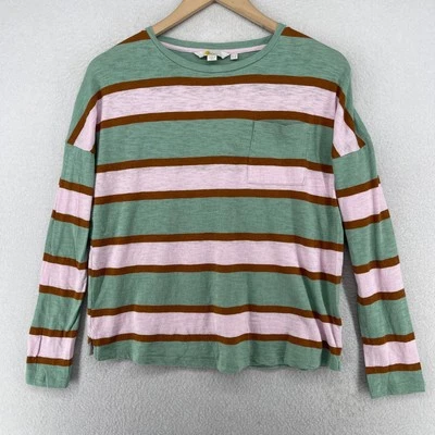 Camiseta BODEN Top 2 XS Slub listrada bolso gola redonda manga longa algodão verde rosa - Imagem 1 de 4