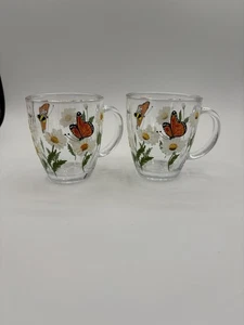 2 Hand Painted Daisies Monarch Butterflies Clear Glass Tea Cups Coffee Mugs - Picture 1 of 5