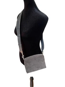 All saints Billie Mini Suede Crossbody Bag Purse Gray Suede Black Leather Strap - Picture 1 of 15