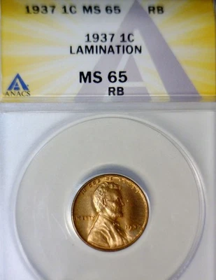 1937 ERROR ANACS MS65 LAMINATION Lincoln Wheat Cent NICE GEM BU Coin  NR - Image 1 of 4