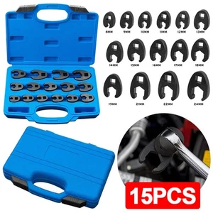 Crowfoot Wrench Set 15pcs Metric Crows Foot 8-24mm Flare Nut Wrench Set Tool Kit - Picture 1 of 12