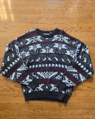 VTG 90's Saturdays Sweater Mens Medium Gray Abstract Acrylic Grandpa Cosby - Image 1 of 4