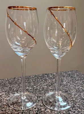 Set of 2 Pier 1 Gold Dot Swirl Rim white wine / water goblet stem 9.5 inch - Image 1 of 3