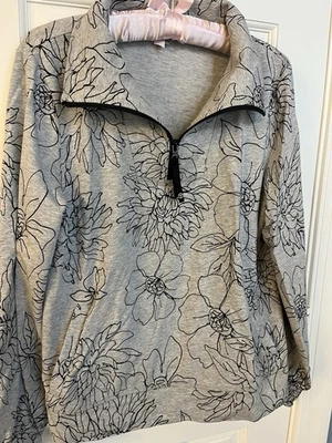 T by Talbots  Quarter Zip Grey Flowered Sweatshirt Medium - Image 1 of 4