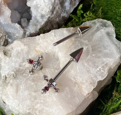PAR Gema Roja Daga Pezón Anillos Escudo Acero Barras Cuerpo Piercing Joyería Foto 1 de 2