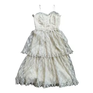 VTG Dress Tiered Sleeveless Lace Cottagecore Prairie Boho Floral Wedding SZ 7/8 - Picture 1 of 9