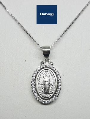 Collana in argento 925 RODIATO ciondolo MADONNA MIRACOLOSA con zirconi bianchi  - Immagine 1 di 4