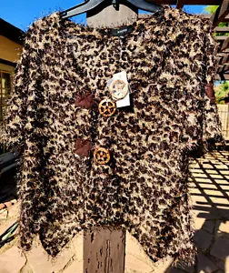 Nuovo con etichetta! Maglione Kaktus filato ciglia marrone stampa leopardata manica corta 2 bottoni top L - Foto 1 di 5