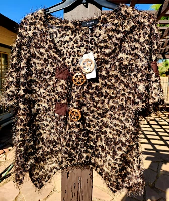 NWT! Kaktus Eyelash Yarn Brown Leopard Print Short Sleeve 2-Button Sweater Top L - Image 1 of 4