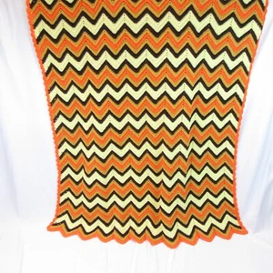 Orange Yellow Brown Handmade Crocheted Chevron Afghan Throw 76" x 43" Vtg 1970s - Picture 1 of 5