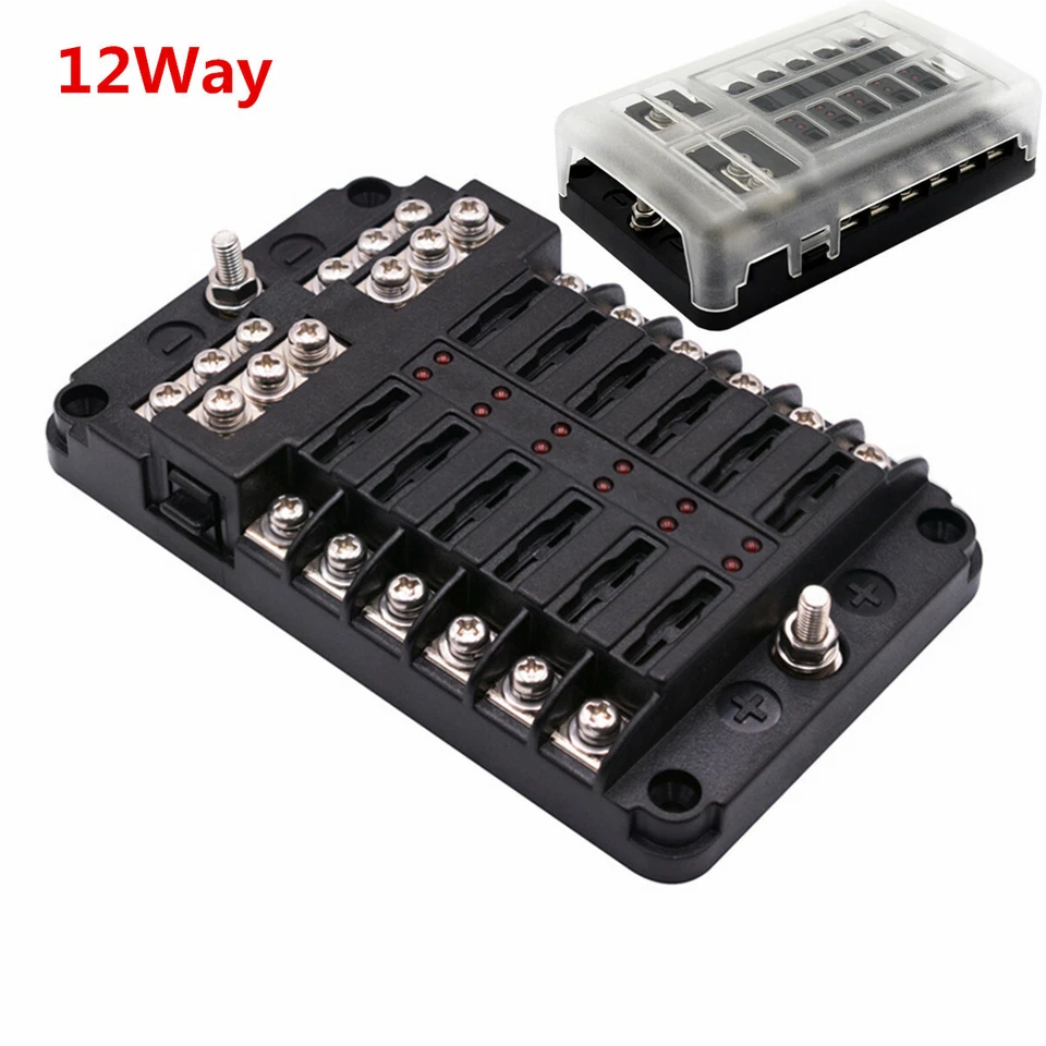 12 Vías Coche Auto Barco Marina UTV Hoja Caja de Fusibles Bloque Cubierta 12/32V Indicador LED Foto 1 de 4