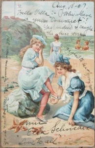 Risque 1907 Postcard, Bathing Beauty Young Women at Beach, Embossed Color Litho - Picture 1 of 1