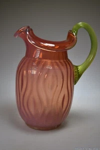 c 4Q 1800s MOIRE OPTIC attr. Bohemian PINK CASED W/VASELINE HANDLE Water Pitcher - Picture 1 of 9