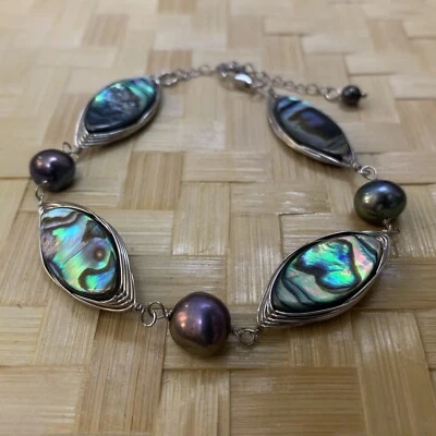 Марка 925 пробы браслет из культивированного жемчуга с абалоном и родием поверх стерлингового серебра - Изображение 1 из 4