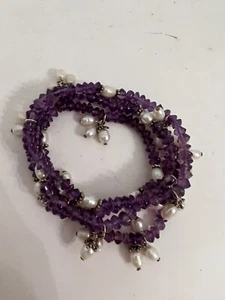 Set Of 4 Amethyst Fauceted Bead & Cluster Of Cultured Pearls Stretch Bracelets - Picture 1 of 6