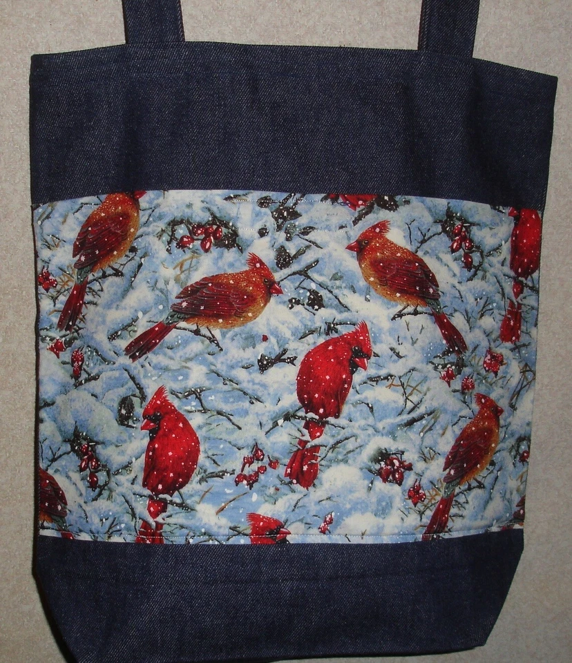 NEW Large Handmade Winter Snowy Cardinals Birds Denim Tote Bag - Image 1 of 1