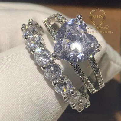 2.80 Carat Heart Cut Moissanite Bridal Set Engagement Ring Solid 14K White Gold - Image 1 of 4