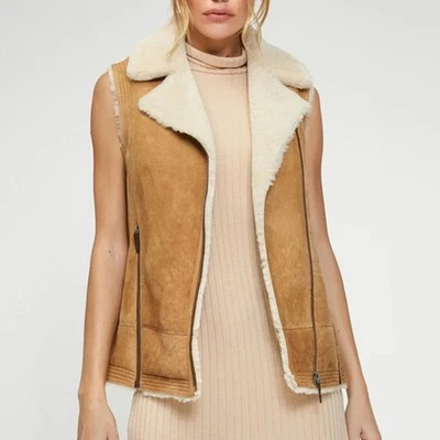 Women Brown Sheepskin Leather Shearling Vest Gift for Her - Image 1 of 4