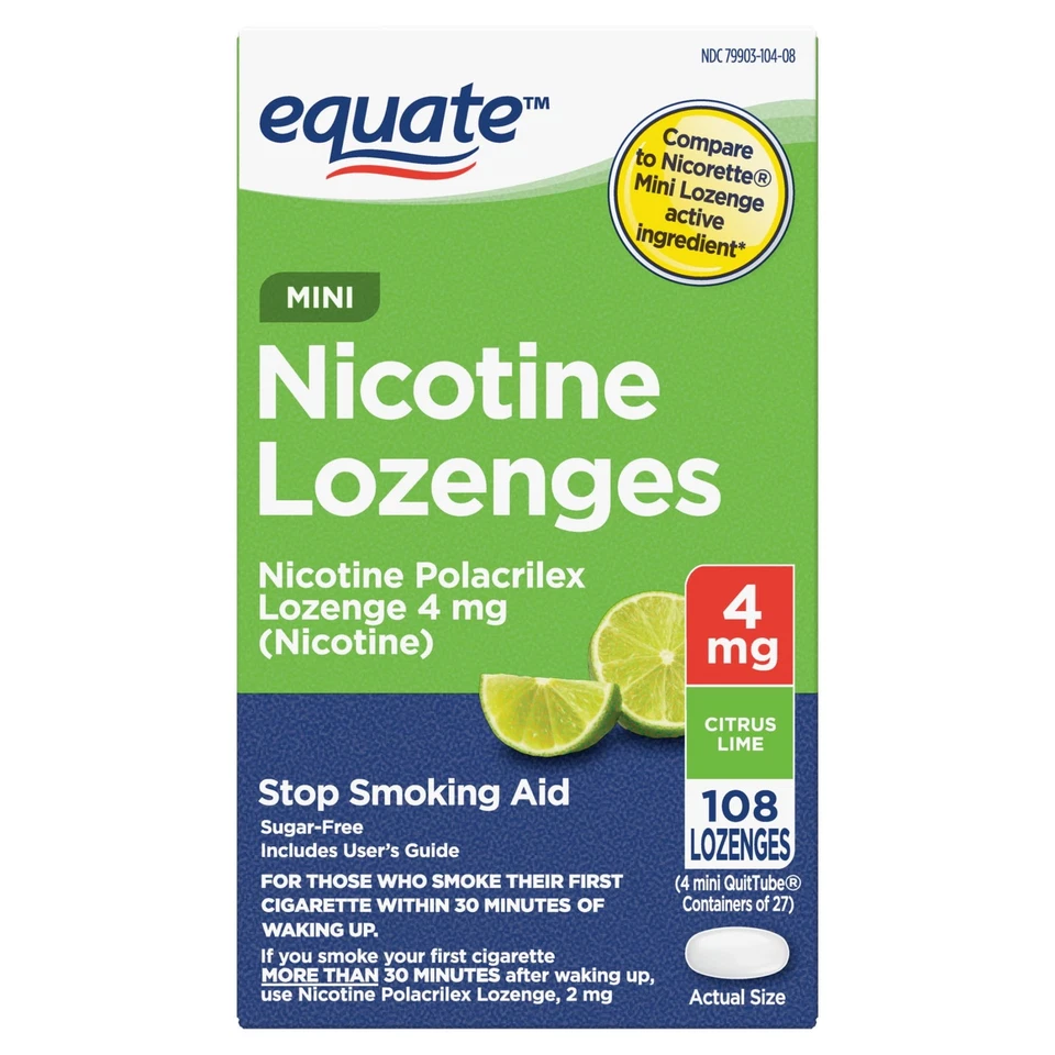 Equate Mini Nicotine Polacrilex Lozenges 4 mg Citrus Lime Flavor 108 Count