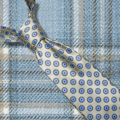 Corbata Ermenegildo Zegna Para Hombre 100% Seda Beige Gris Azul Floral Círculos Italia Foto 1 de 4