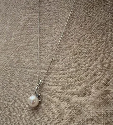 Akimio Women’s Platinum Over Solid Sterling Silver Diamonds & Pearl Necklace - Image 1 of 4