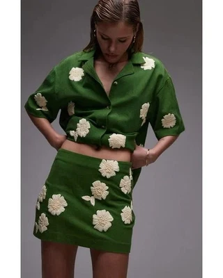 Minifalda Topshop Pelmet Rafia Flores Verde Mediana, Nueva con etiquetas, Talla US 2 Foto 1 de 4