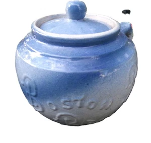 Early Blue & White Stoneware Lided Boston Baked Beans Salt Glaze Pot - Picture 1 of 8