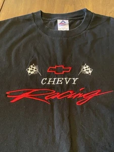 Vintage 90s Chevy Embroidered T Shirt AAA Chevrolet Logo Racing Flag Black L - Picture 1 of 4