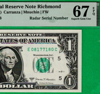 $1  Federal Reserve note RADAR Serial Number 08177180 PMG 67 - Image 1 of 3