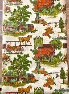 Wallpaper Vtg 1970's Four (4) YARD ROLL Vinyl Avocado Green Brown Barns Horses - Picture 1 of 5