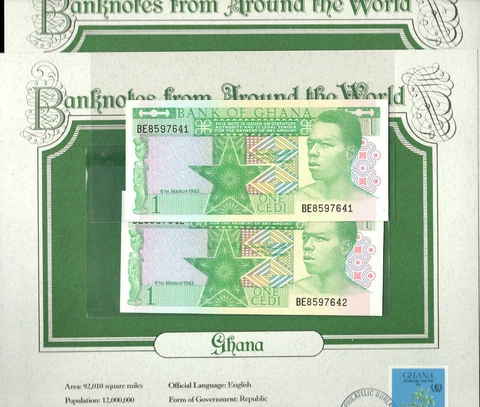 World Banknotes Ghana 1982 1 Cedi P-17a UNC Prefix BE 2 consecutive # Cover