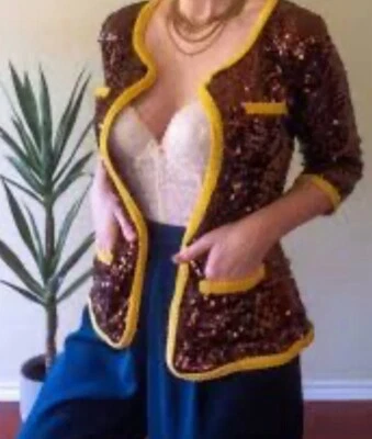 Blazer IMAN GLOBAL CHIC Marrón Lentejuelas Brillante Nuevo con Etiquetas con Amarillo Para Mujer’s XL Foto 1 de 4