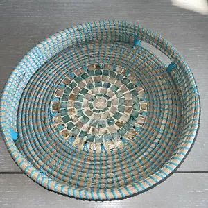 Halinh Rattan Bamboo Serving Tray 13.5 x 2.5 “ Ceramic Inlay Double Handle Green - Picture 1 of 8