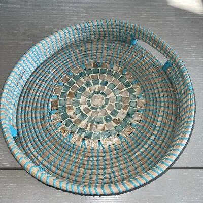 Halinh Rattan Bamboo Serving Tray 13.5 x 2.5 “ Ceramic Inlay Double Handle Green - Image 1 of 4