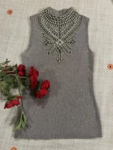 Sleeveless w Rhinestones, Gray Keyhole neck Objects Christine Phillipe S $270 - Picture 1 of 11