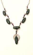 Marked 14k White Gold Jade & Rubies Necklace Earrings Set