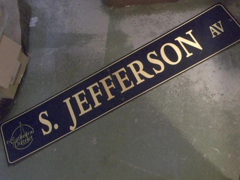 Vintage S JEFFERSON AV Cathedral District Street Sign 66" X 12" GOLD/NAVY Ground Cover