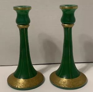 Splendido raro vetro centrale #2000 9"" coppia candelabri verde giada - foglia oro - Foto 1 di 13