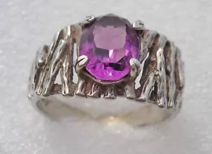 Vintage 70S Ring Pure Silver Bark Design With Amethyst Stone 9 CTR - Picture 1 of 4