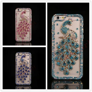 Bling Peacock Glitter Diamond Women Rubber Shockproof Back Phone Case Hand Strap - Picture 1 of 9