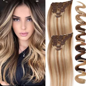 CLEARANCE Clip In 100% Real Remy Human Hair Extensions Full Head 8Pcs Highlight - Picture 1 of 37