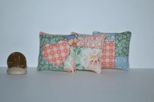 1:12 Scale Dollhouse Pillows 3 Miniature Cushions Adorable Heart Faux Patchwork - Picture 1 of 3