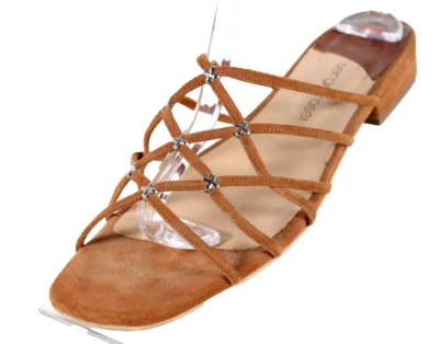 SERGIO ROSSI Russet Brown Suede Studded Square Toe Flat Sandals 37.5 - Image 1 of 4