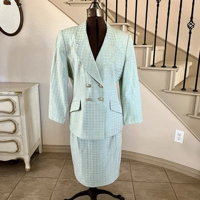 ALBERT NIPON Evening Size 12 Skirt Suit Mint Metallic Jeweled Buttons Vintage - Image 1 of 4
