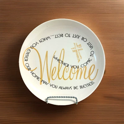 Plate Circle of Faith by Carson "Welcome" 7.5" White Gold Black Spiritual - Image 1 of 2