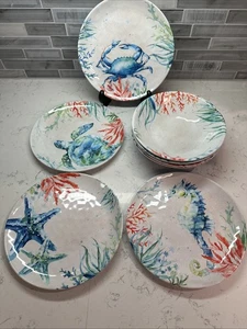 100% Melamine Sealife 9” Plate & Bowls Starfish/Sea Turtle/Seahorse/Crab~ 4 Each - Bild 1 von 12