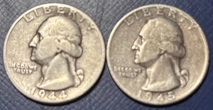 (2) Silver Washington Quarters 25c 1944P & 1945S - Picture 1 of 2