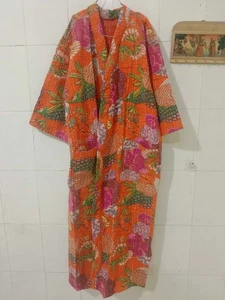 Indian Vintage Cotton Fruit Kantha Handmade Robe Women Bath Robe Kimono Jacket - Picture 1 of 5