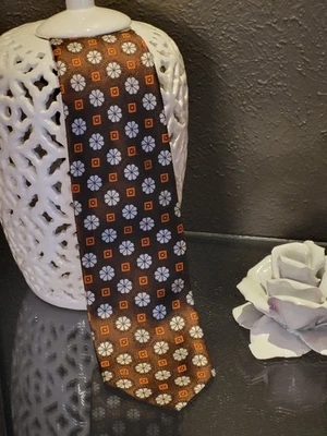 Corbata geométrica Lanvin vintage años 70 seda marrón/naranja/plateada 4" ancho Foto 1 de 4